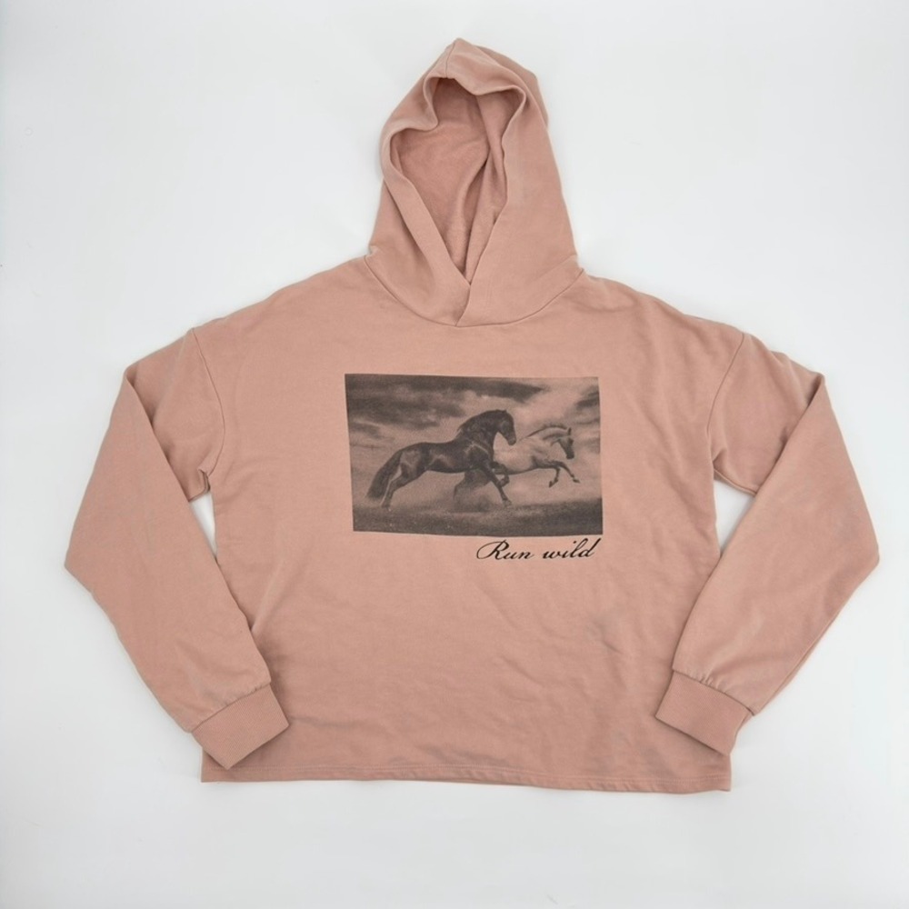 HM Kids Pink Run Wild Horse Graphic Hoodie Sweatshirt Size 12-14 Pink Pullover